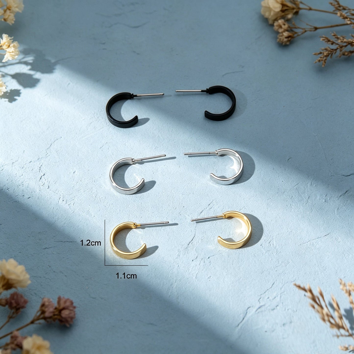 3 Pairs Punk C Shaped Stackable Hoop Stud Earrings Set Gold Silver Black Simple Daily Street Jewelry-3