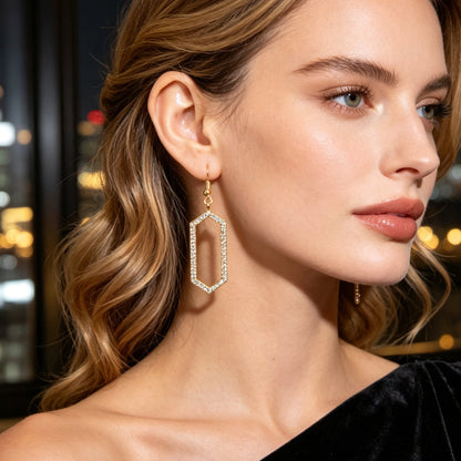 Sparkling Gold Hexagon Geometric Dangle Earrings Luxurious Banquet Party Jewelry-1