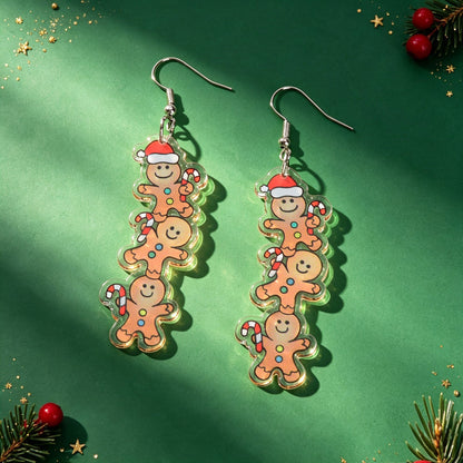 Lovely Xmas Stacked Gingerbread Man Acrylic Dangle Earrings Cartoon Festival Party Accessories Gift-1