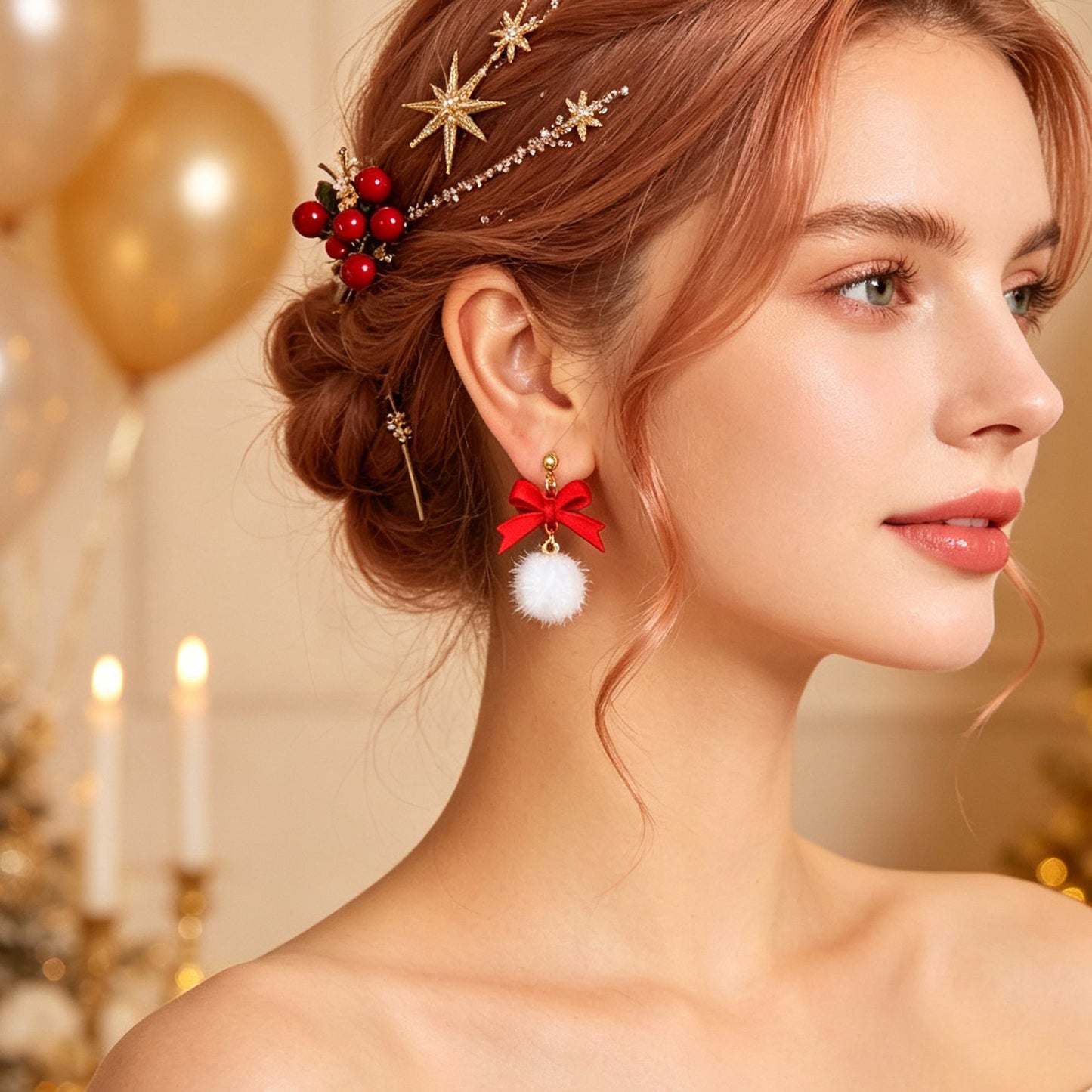 Christmas New Year Red Bow White Furry Ball Earrings Cute Party Jewellery Gift-1