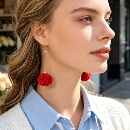 Romantic Red Fabric Flower Long Dangle Earrings Wedding Festival Party Jewelry-1