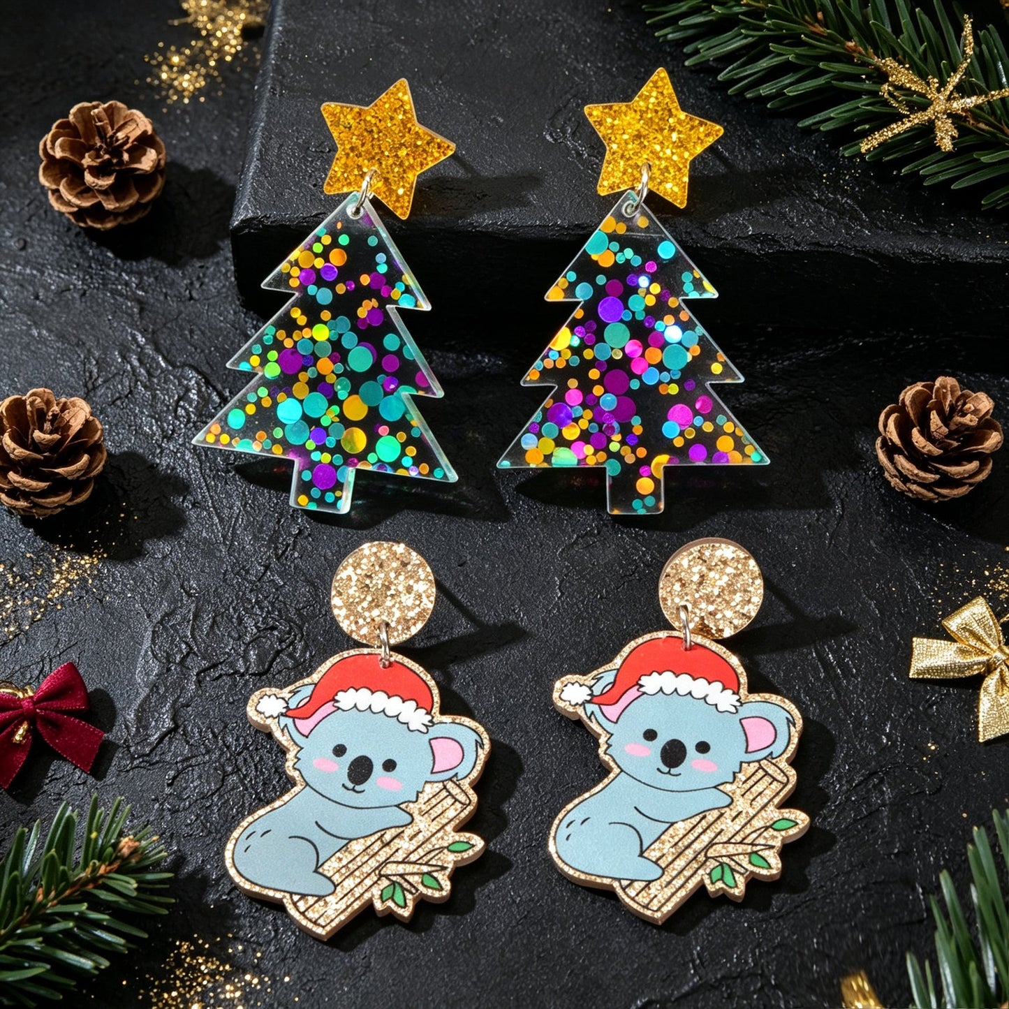 2 pairs Cartoon Christmas Tree Koala Drop Earrings Lovely Holiday Party Jewelry-0