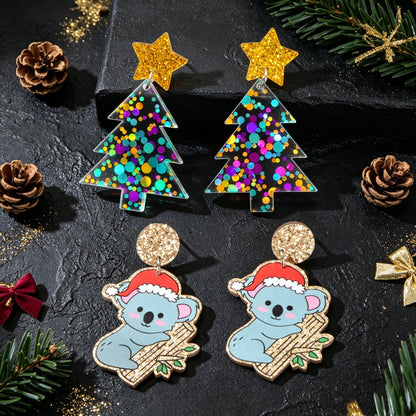 2 pairs Cartoon Christmas Tree Koala Drop Earrings Lovely Holiday Party Jewelry-0