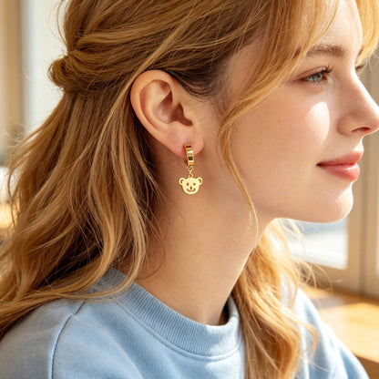 Cartoon Gold Smiley Bear Head Dangle Earrings Cute Animal Element Jewelry Birthday Gift-0