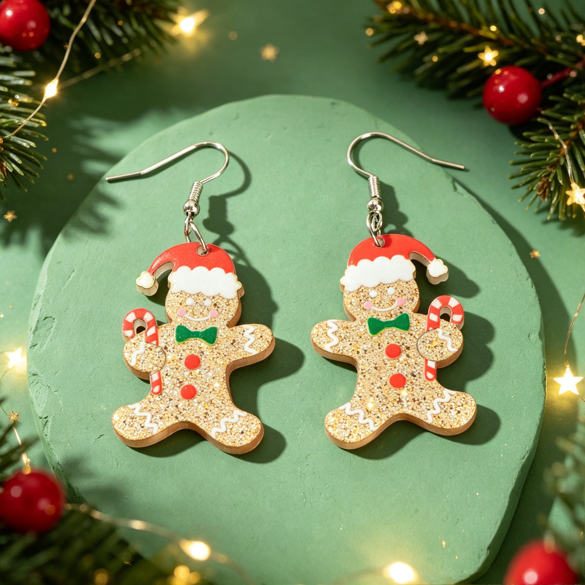 Christmas Cute Sparkly Gingerbread Man Dangle Earrings Holiday Party Jewelry Gift-1