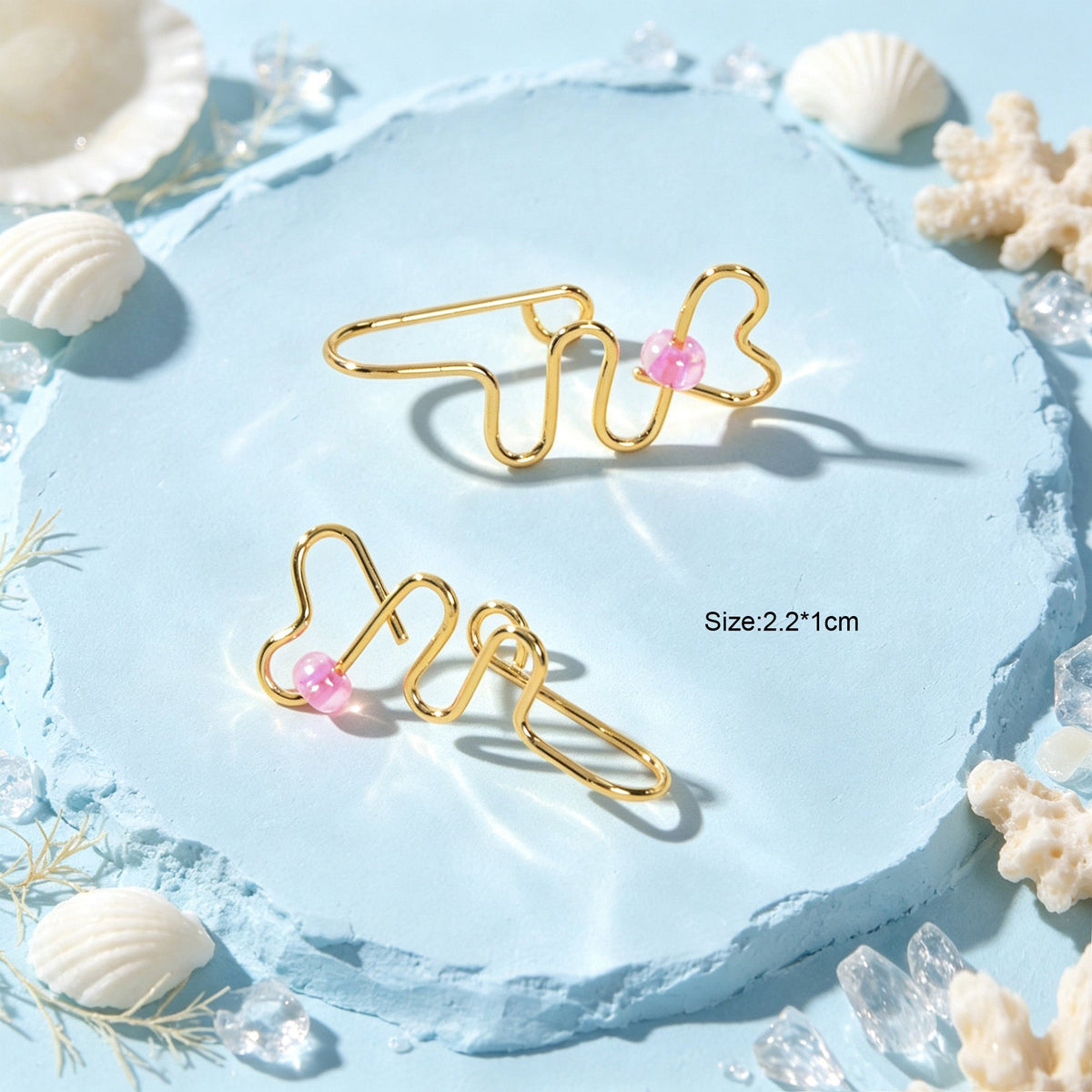 2pcs Delicate Gold Wavy Heart Ear Cuff Pink Bead Non-Pierced Cartilage Ear Clip-2