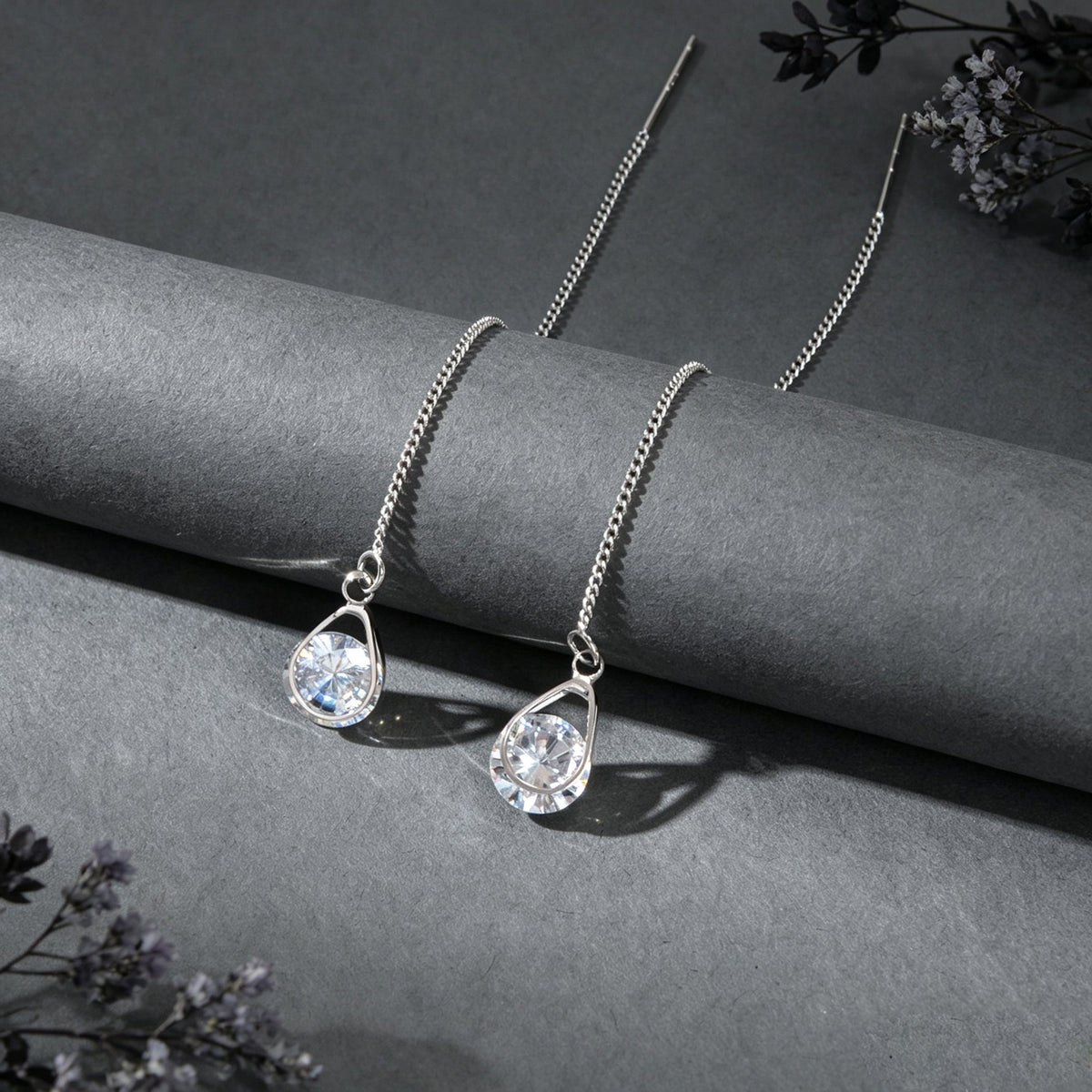 Silver Long Thin Chain Glitter Water Drop Dangle Earrings Dainty Ear Line Elegant Party Banquet Jewelry-2
