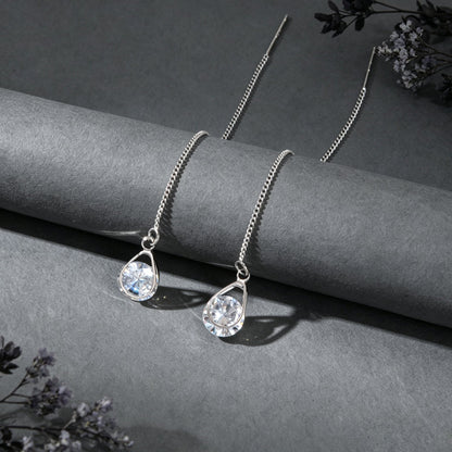 Silver Long Thin Chain Glitter Water Drop Dangle Earrings Dainty Ear Line Elegant Party Banquet Jewelry-2
