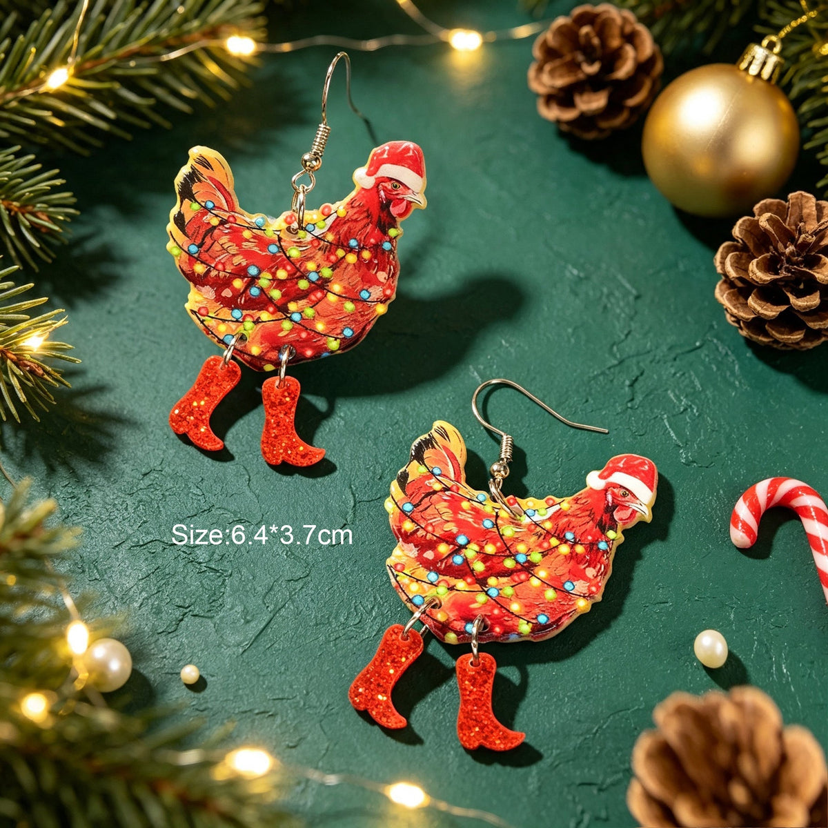 Christmas Chicken Dangle Earrings Santa Hat Red Boots Colorful Light Decor Funny Animal Jewelry-2