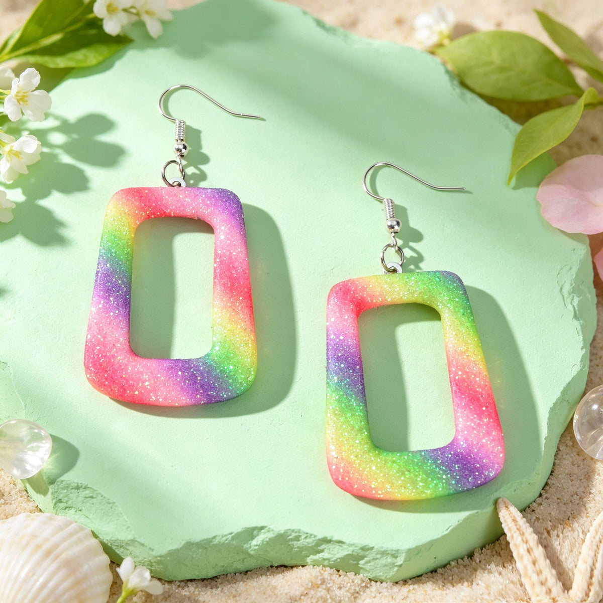 Bright Multicolor Irregular Square Geometric PU Leather Dangle Earrings Beach Vacation Rave Accessories-1