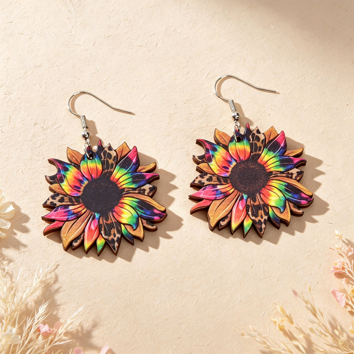 Boho Colorful Sunflower Wooden Dangle Earrings Beach Vacation Party Photoshoot Jewelry-1