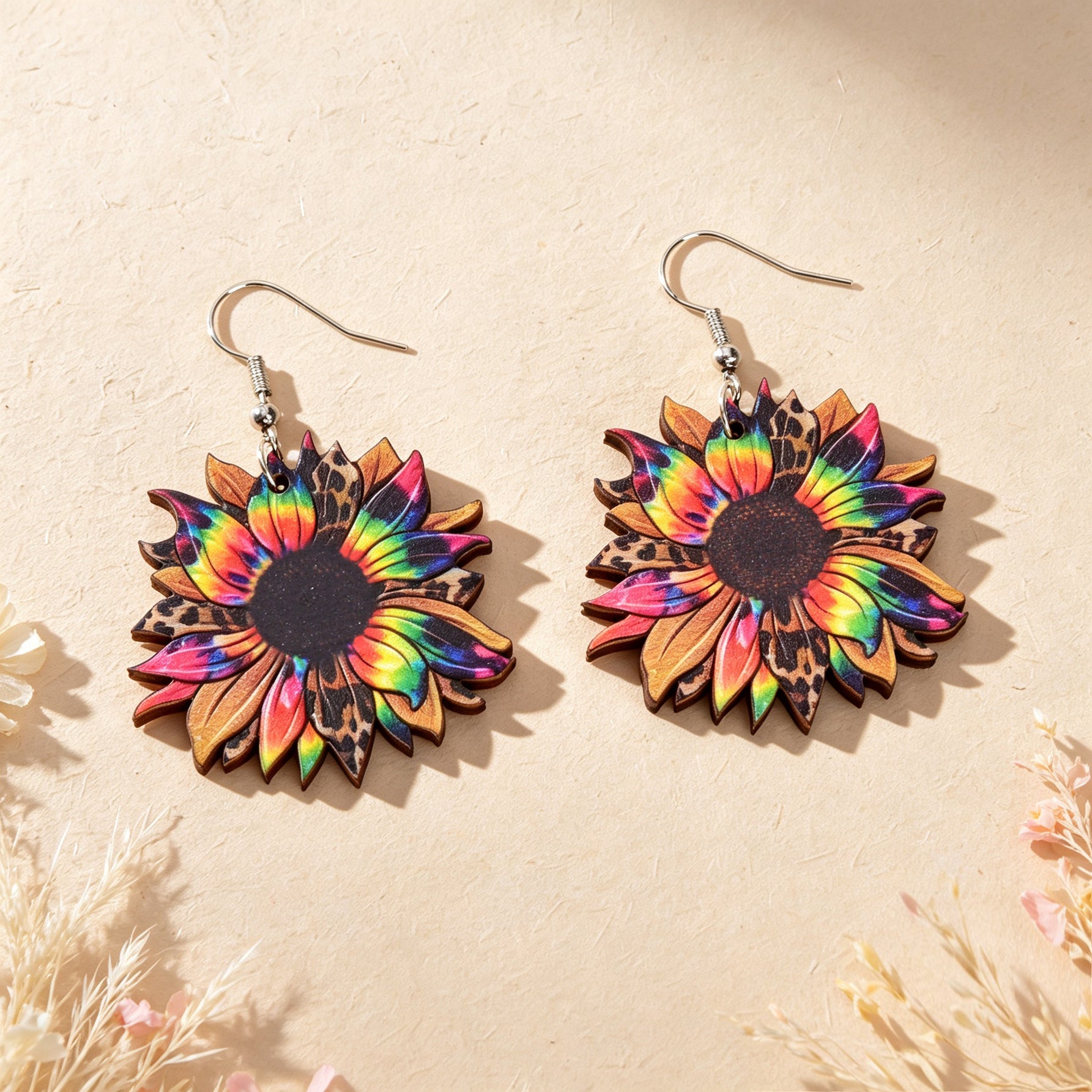 Boho Colorful Sunflower Wooden Dangle Earrings Beach Vacation Party Photoshoot Jewelry-1