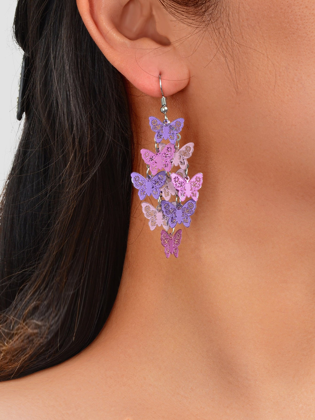 Women's Fashion Hot Pink Purple Hollow Multi-level Butterfly Chandelier Earrings-0