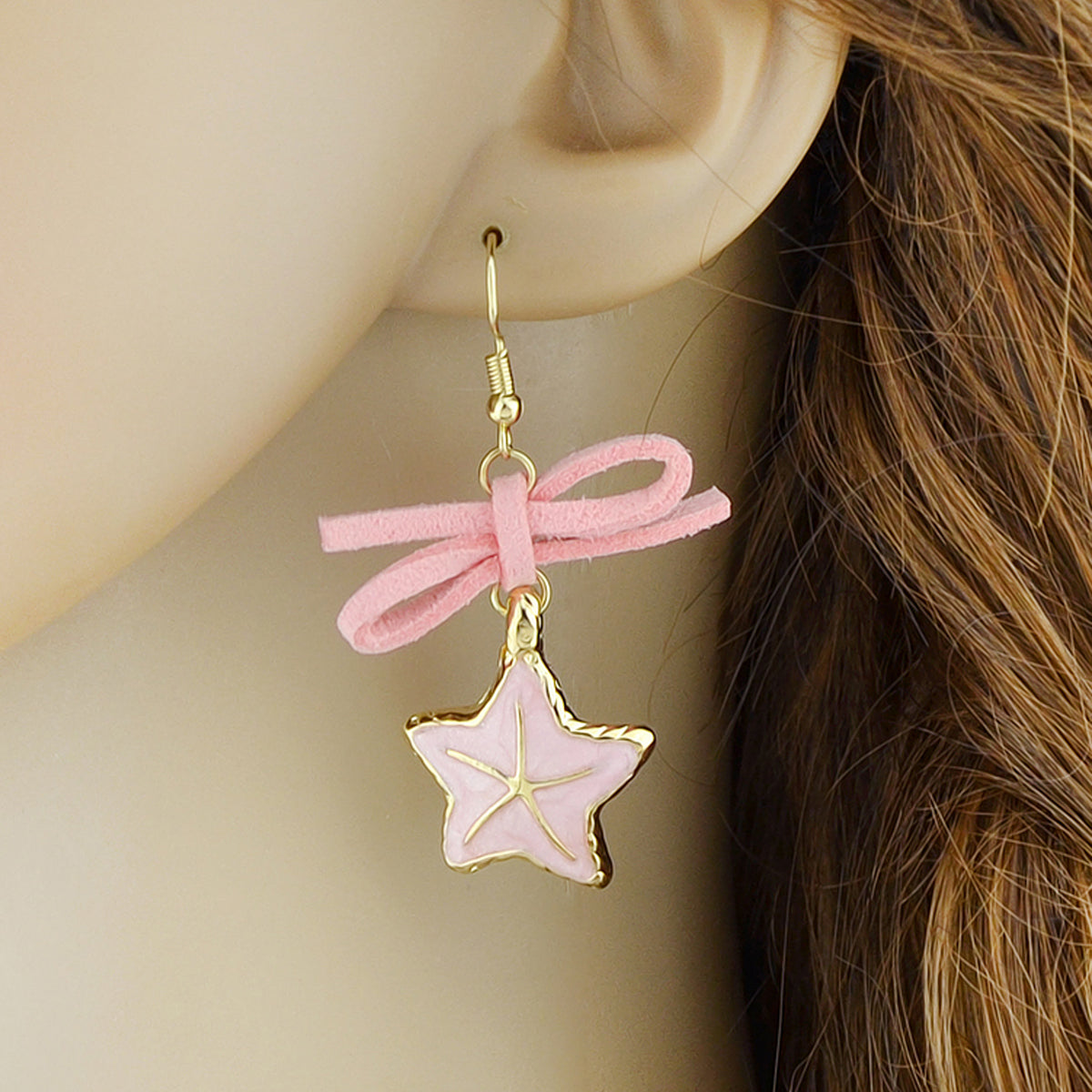 Asymmetric Design Pink Bowknot Enamel Shellfish Starfish Drop Boho Chic Earrings-3