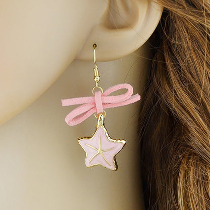 Asymmetric Design Pink Bowknot Enamel Shellfish Starfish Drop Boho Chic Earrings-3