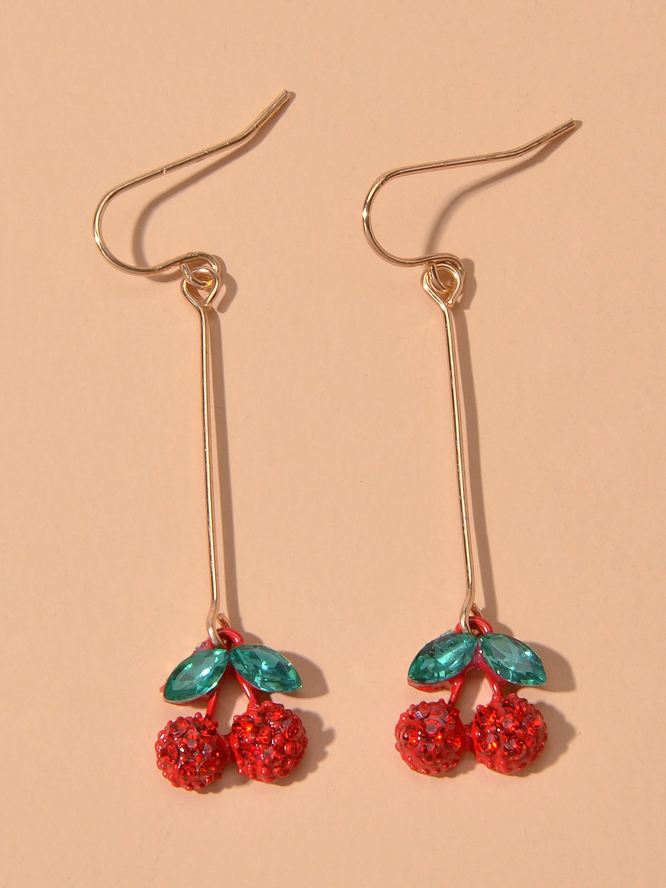 Gift Jewellery Cute Funny Green Crystal Red Cherry Long Dangle Pendant Earrings-0