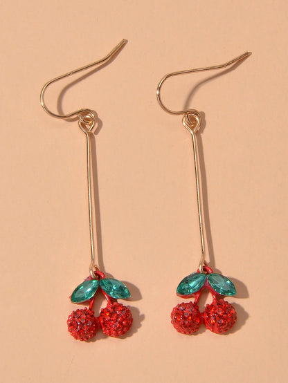 Gift Jewellery Cute Funny Green Crystal Red Cherry Long Dangle Pendant Earrings-0