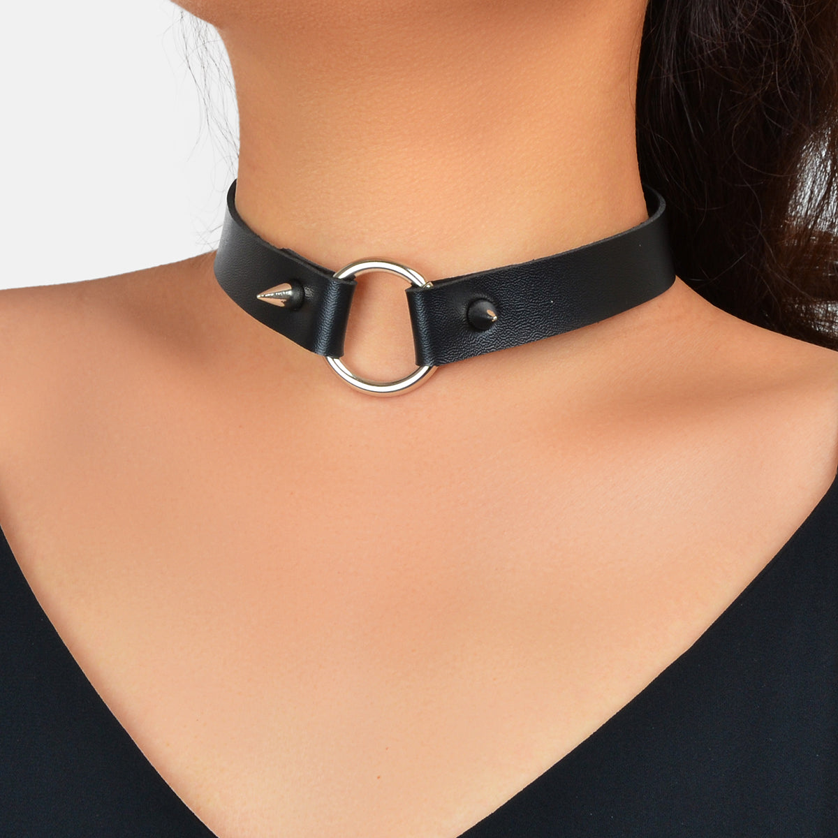 Gothic Punk Grunge Rock Black PU Leather Spike Circle Choker Adjustable Necklace-0