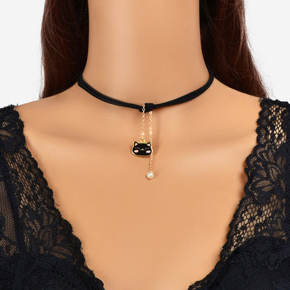 Black Choker Gold Chain Pearl Cat Charm Necklace Lovely Short Women Party Collar-0