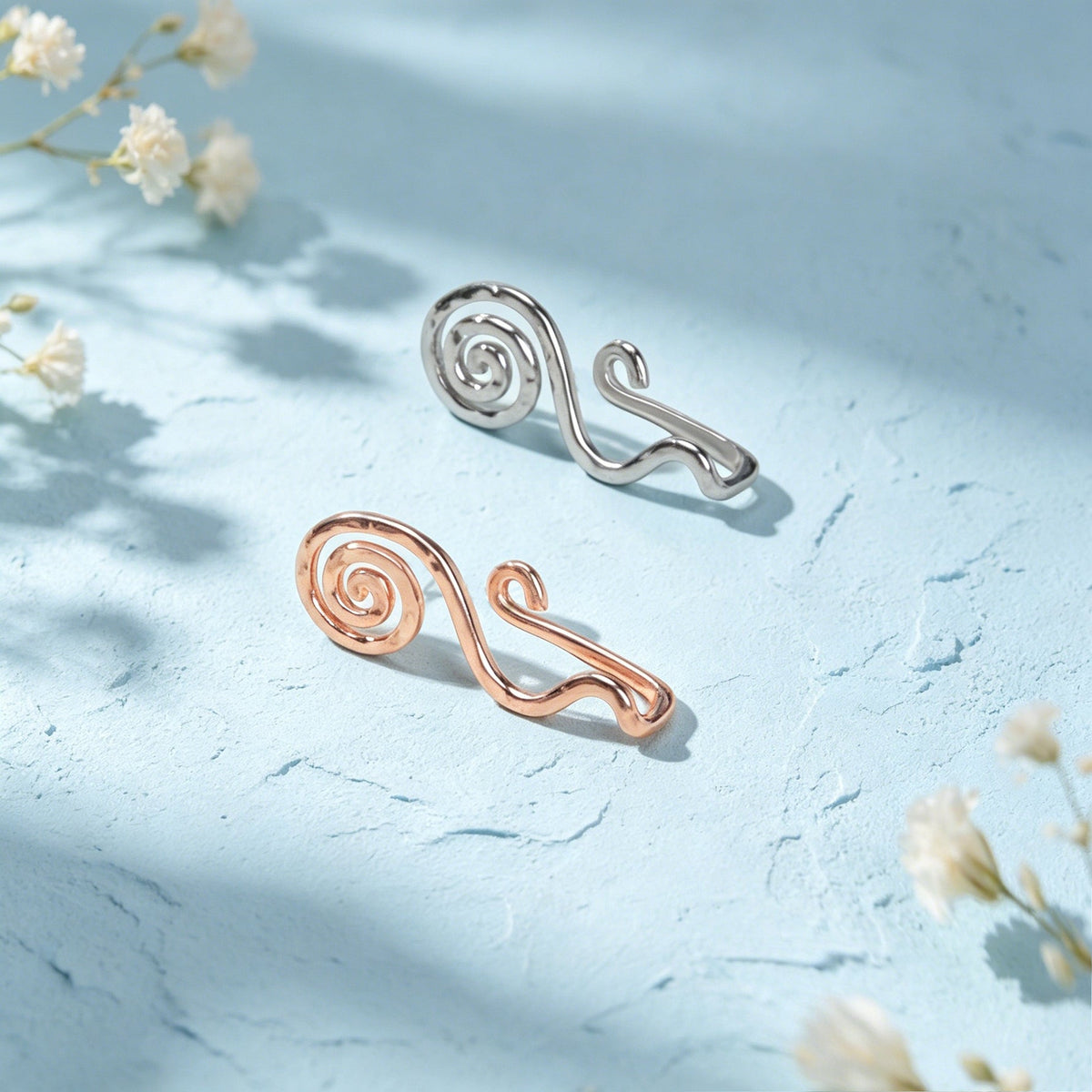 2 pcs Rose Gold Silver Spiral Ear Cuff Simple Irregular Metal Geometric Ear Clip-2