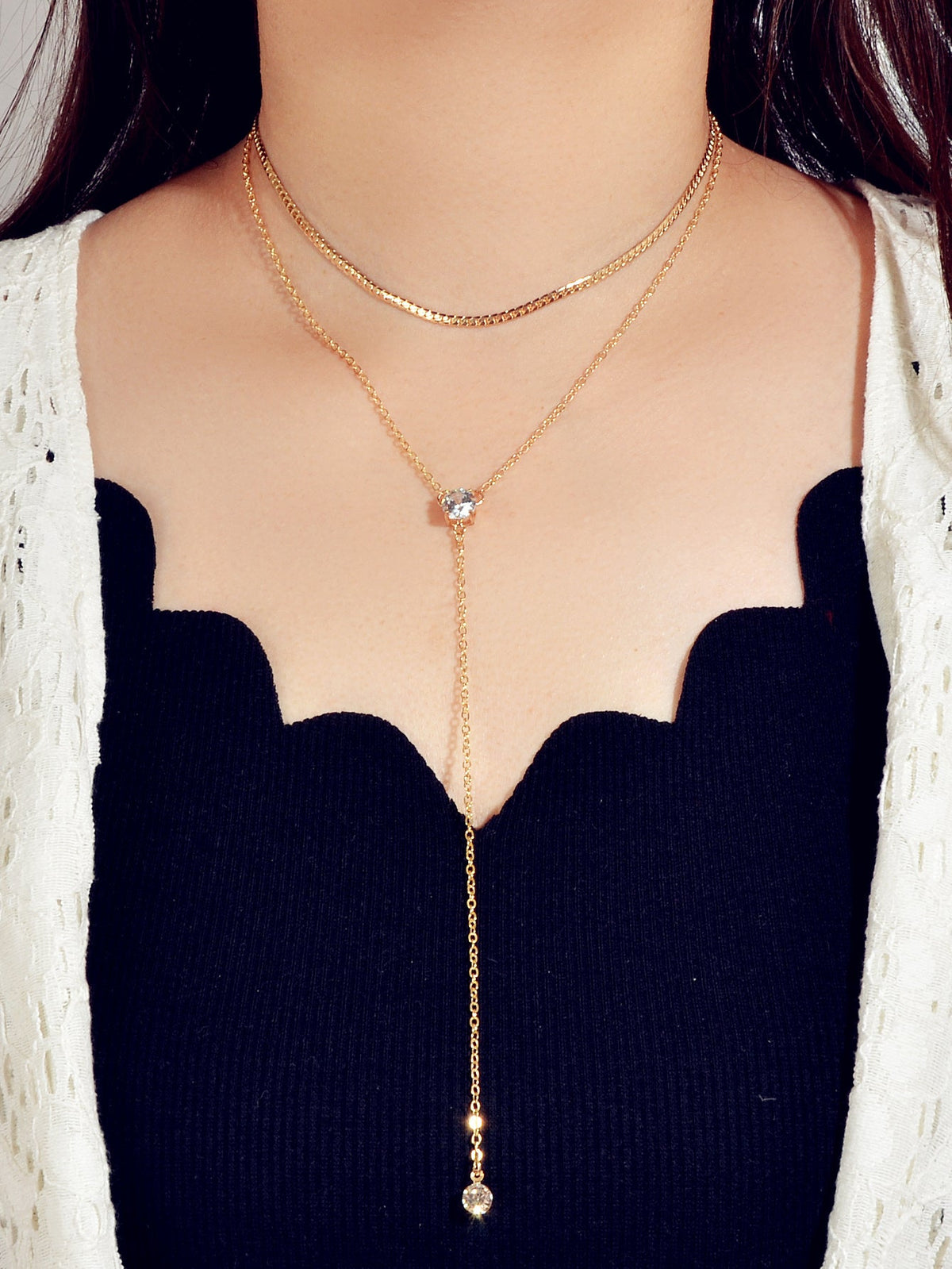 Double layer Rhinestone Decor Gold Silver Long Chain Necklace Y Shape Necklace-0