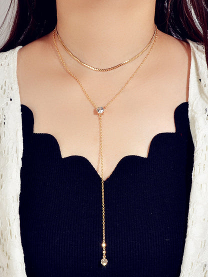 Double layer Rhinestone Decor Gold Silver Long Chain Necklace Y Shape Necklace-0