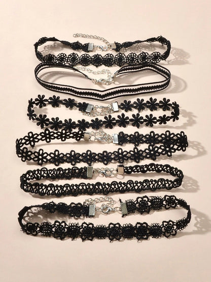 6 pcs 90s Black Lace Flower Retro Tattoo Choker Set Necklaces Punk Gothic Collar-0