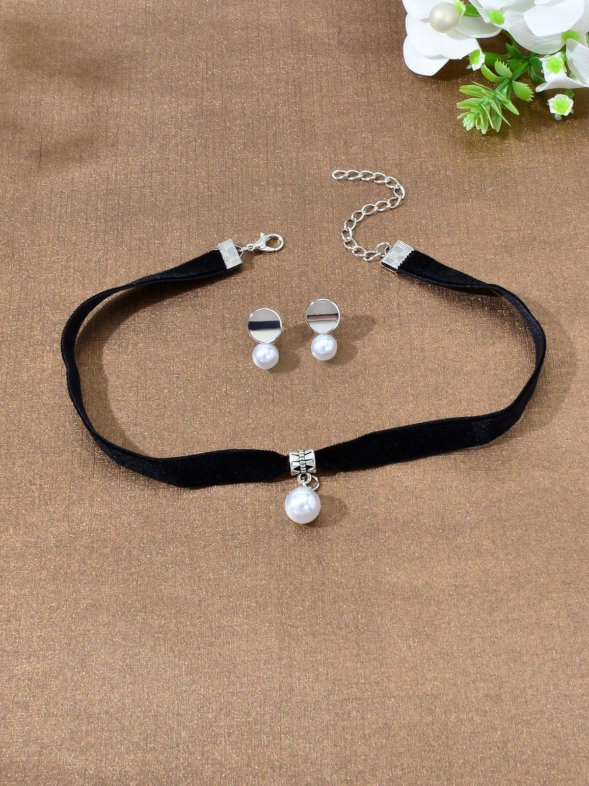Black Velvet Pearl Pendant Necklace & Stud Earrings - Timeless Charm Jewelry Set-1