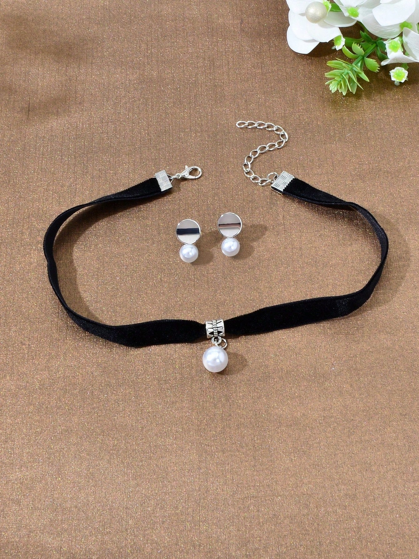 Black Velvet Pearl Pendant Necklace & Stud Earrings - Timeless Charm Jewelry Set-1