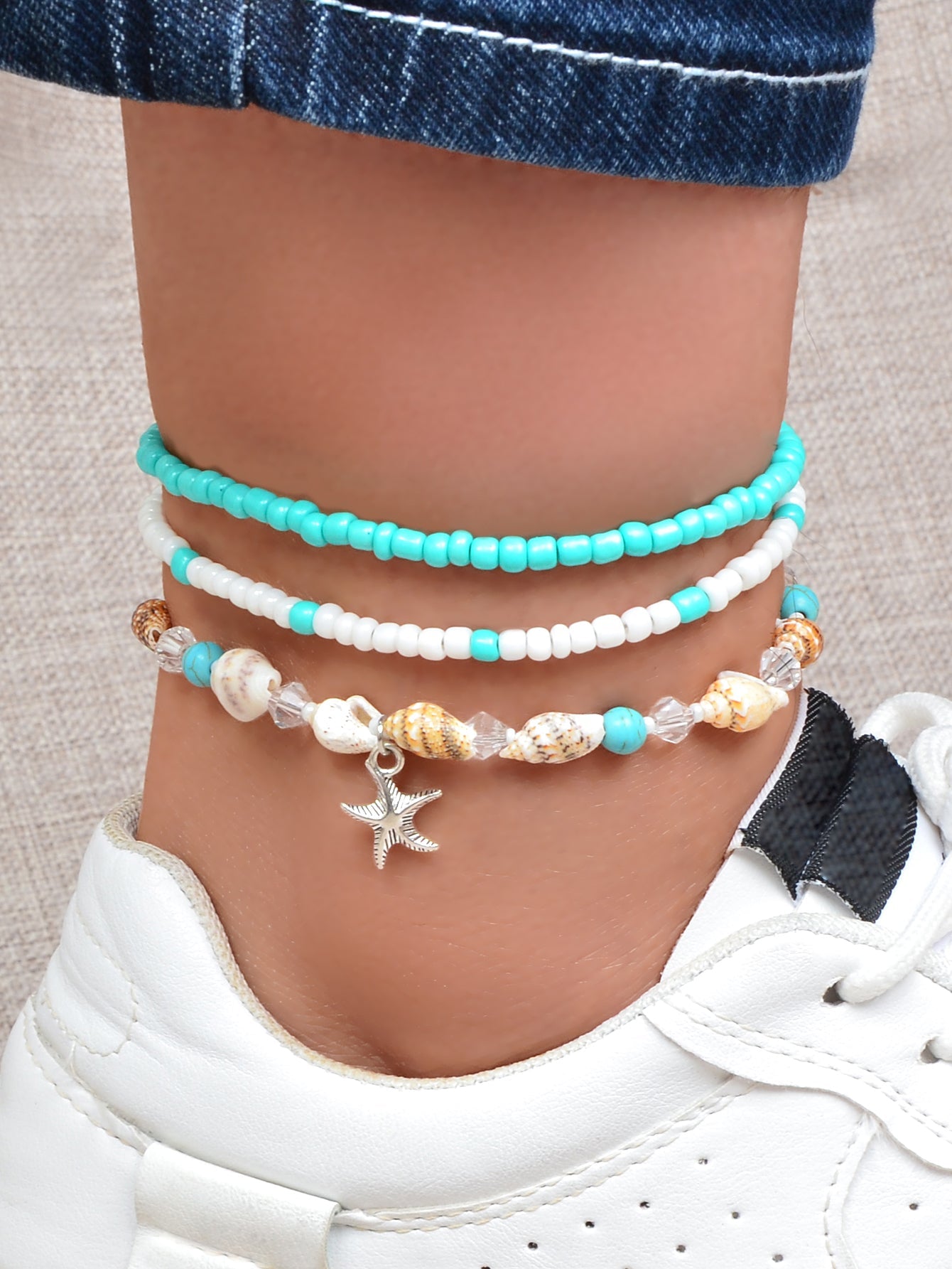 Bohemian Handmade Seed Beads Layered Shell Starfish Charm Anklets Set Holiday-0