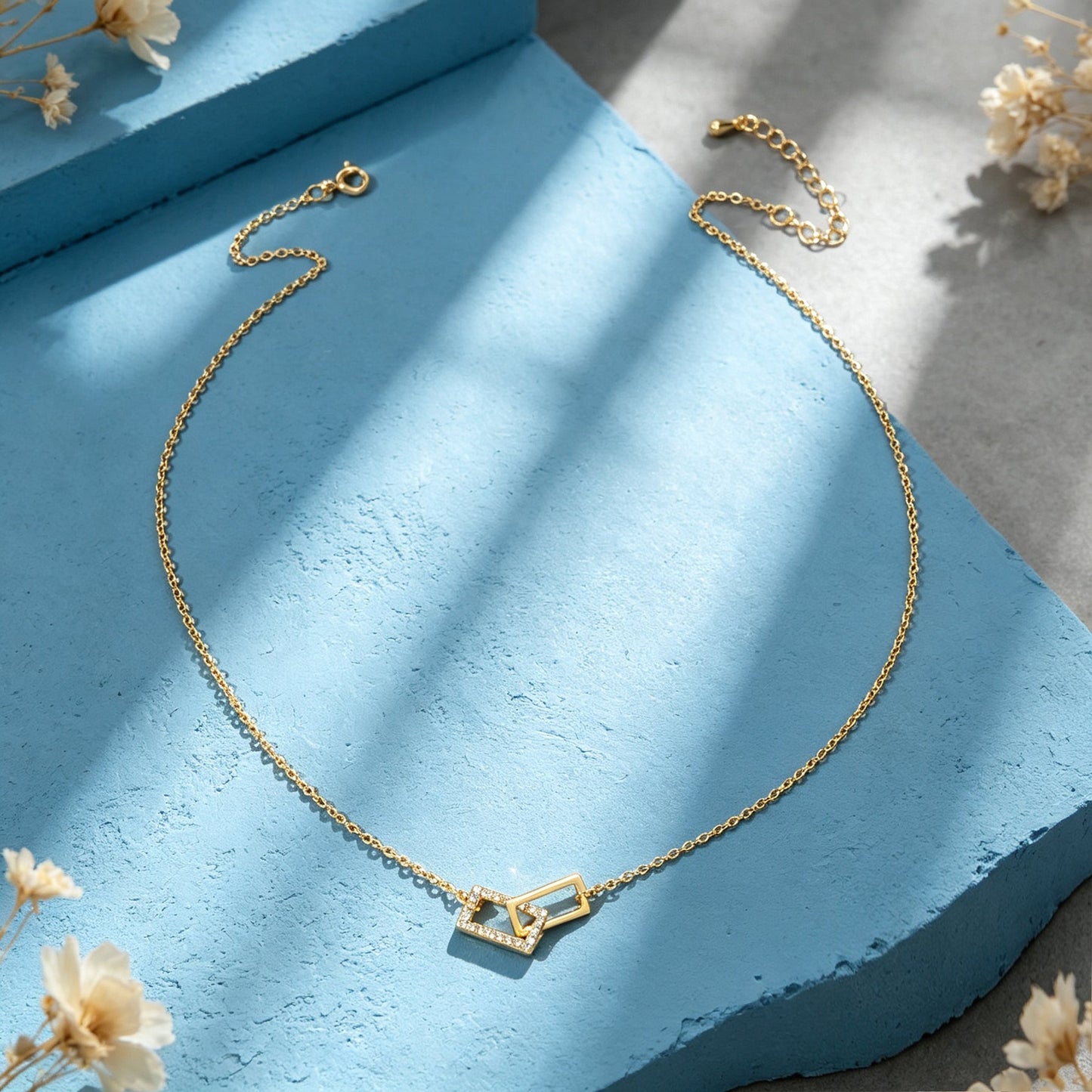Gold Geometric Crystal Inlaid Square Link Pendant Necklace Minimalist Jewellery-2