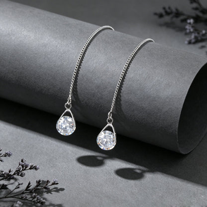 Silver Long Thin Chain Glitter Water Drop Dangle Earrings Dainty Ear Line Elegant Party Banquet Jewelry-3