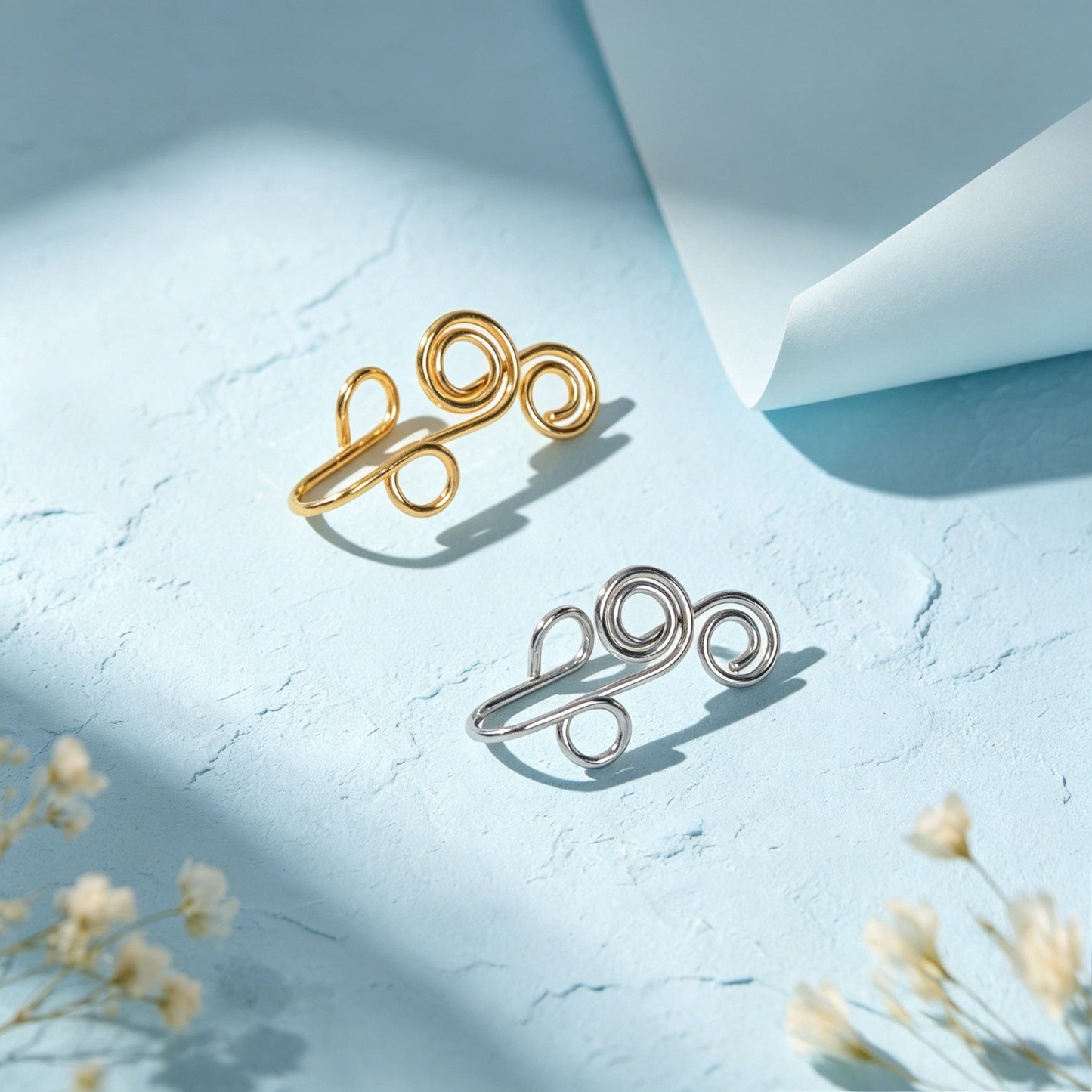 2pcs Minimalist Gold Silver Handmade Wire Triple Spiral Geometric Ear Clip Cuff-2