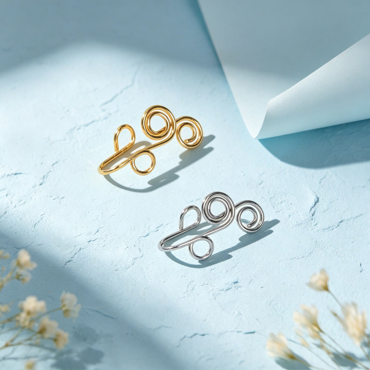 2pcs Minimalist Gold Silver Handmade Wire Triple Spiral Geometric Ear Clip Cuff-2