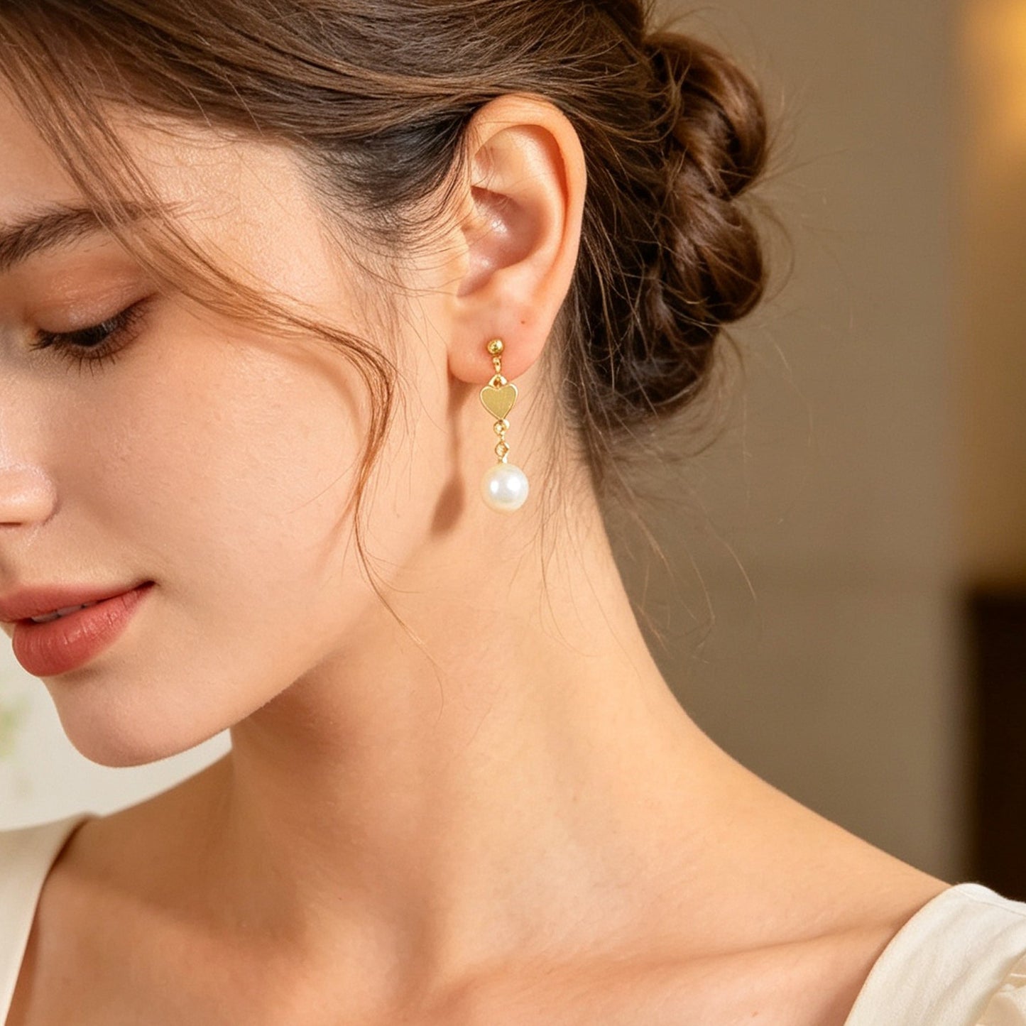 Lovely Gold Heart Pearl Chain Drop Dangle Earrings Daily Party Dating Jewellery-2