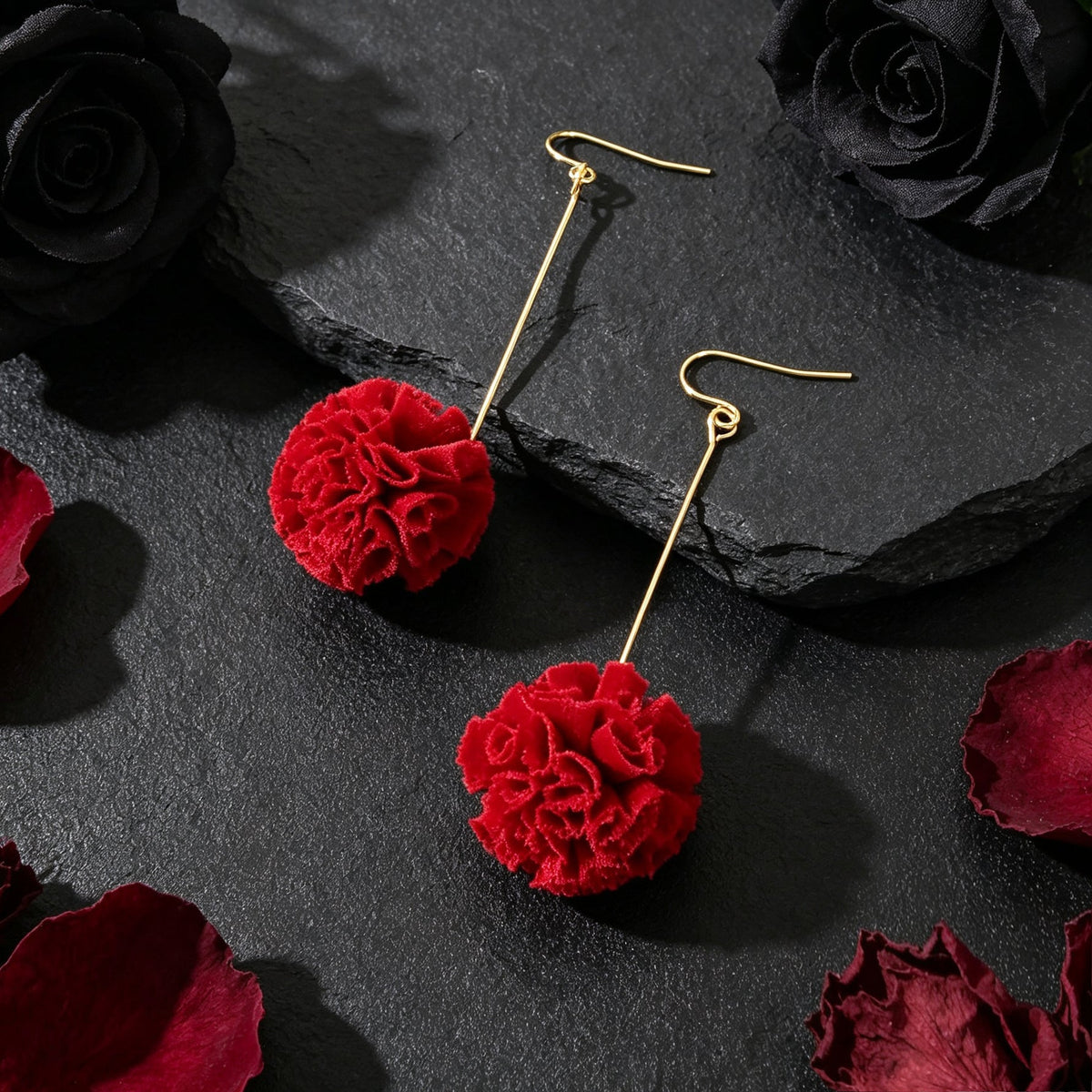 Romantic Red Fabric Flower Long Dangle Earrings Wedding Festival Party Jewelry-2