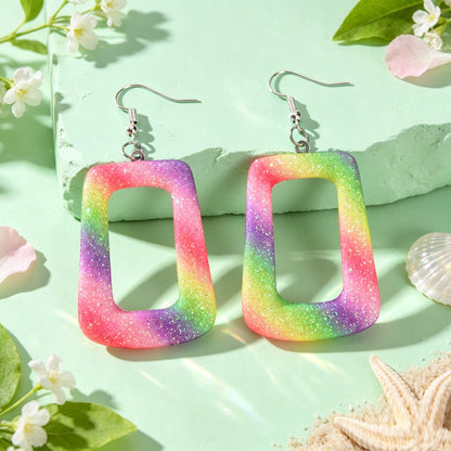 Bright Multicolor Irregular Square Geometric PU Leather Dangle Earrings Beach Vacation Rave Accessories-2