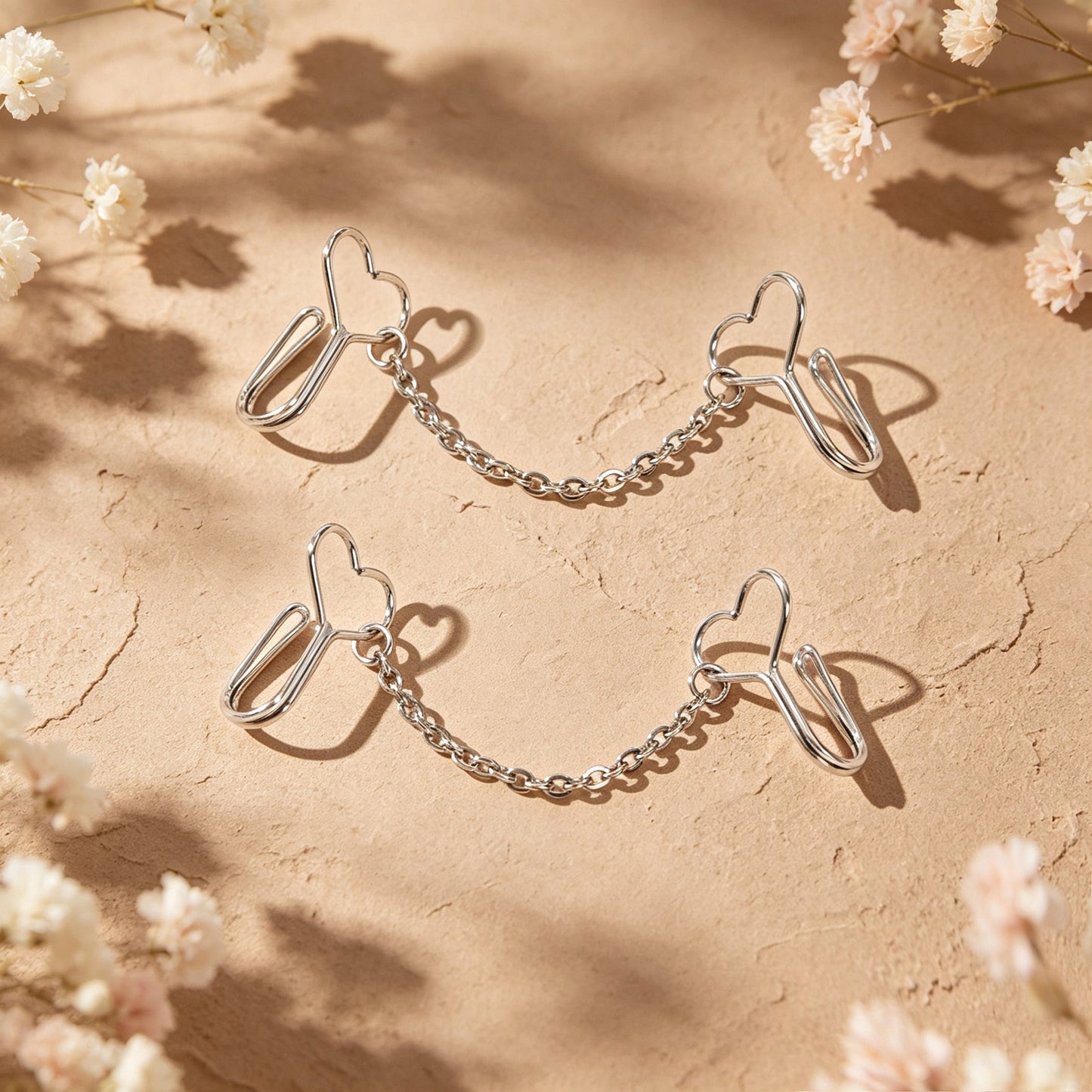 2pcs Heart Silver Chain Clip‑on Ear Cuffs No Piercing Fashion Vintage Earrings-3