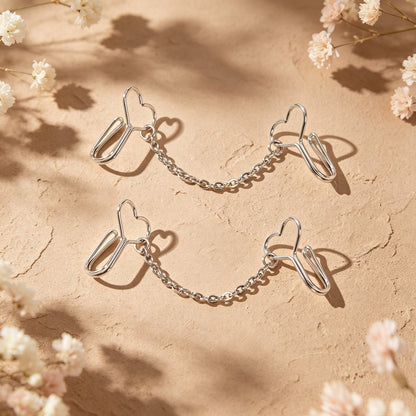 2pcs Heart Silver Chain Clip‑on Ear Cuffs No Piercing Fashion Vintage Earrings-3