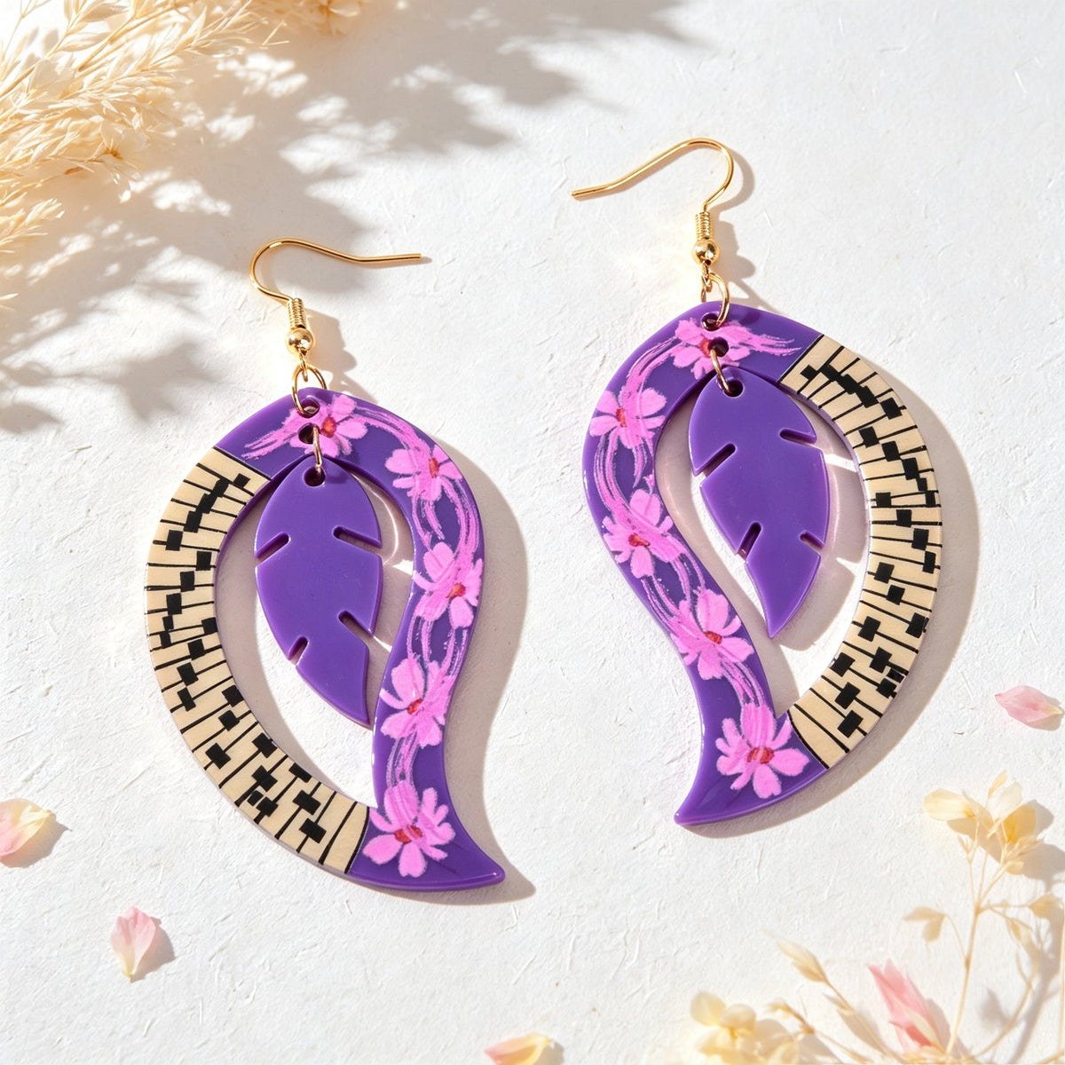Boho Piano Key Floral Pattern Purple Acrylic Leaf Dangle Earrings Party Vacation Photoshoot Jewelry-1