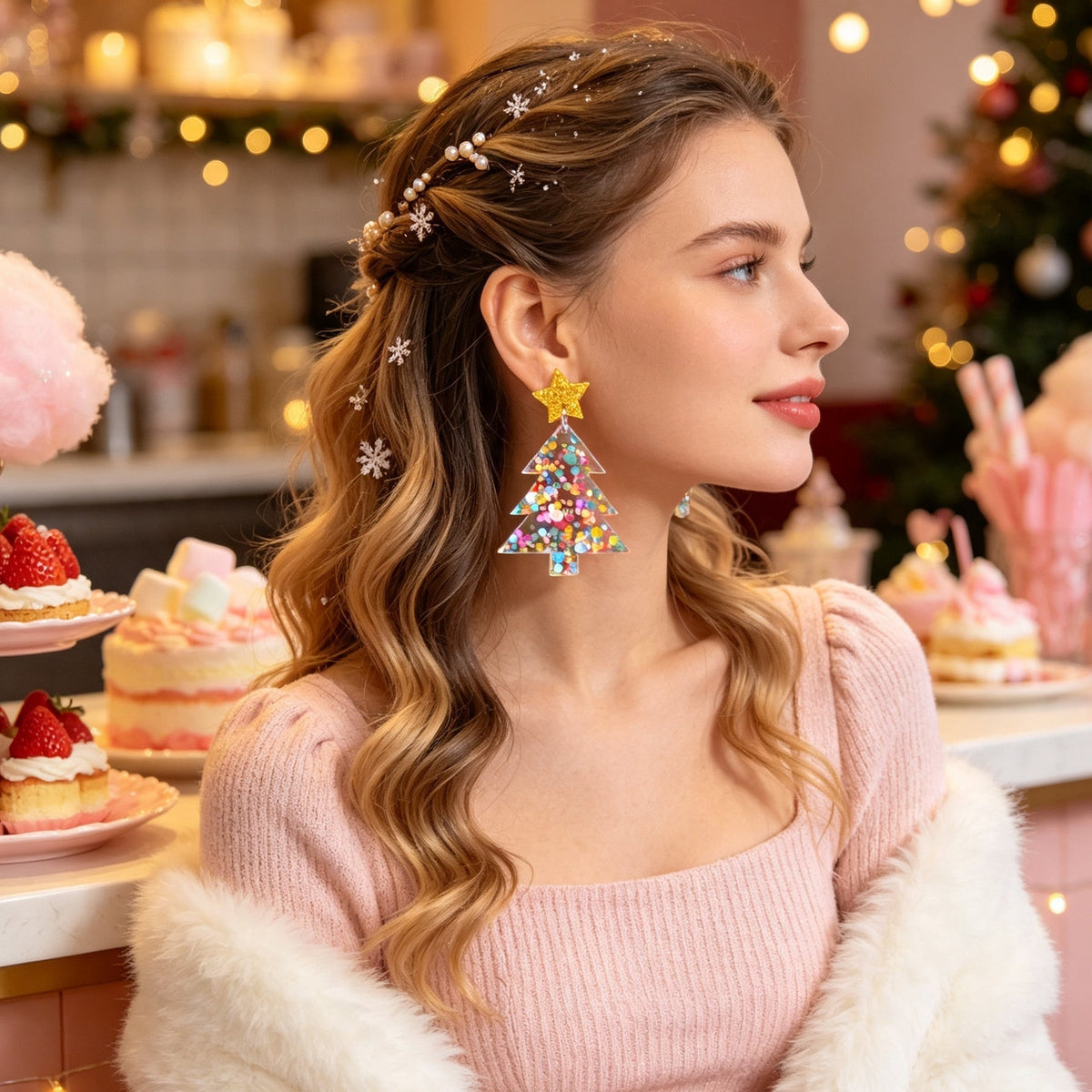 Christmas Tree Dangle Earrings Glitter Star Acrylic Colorful Xmas Party Jewelry-2