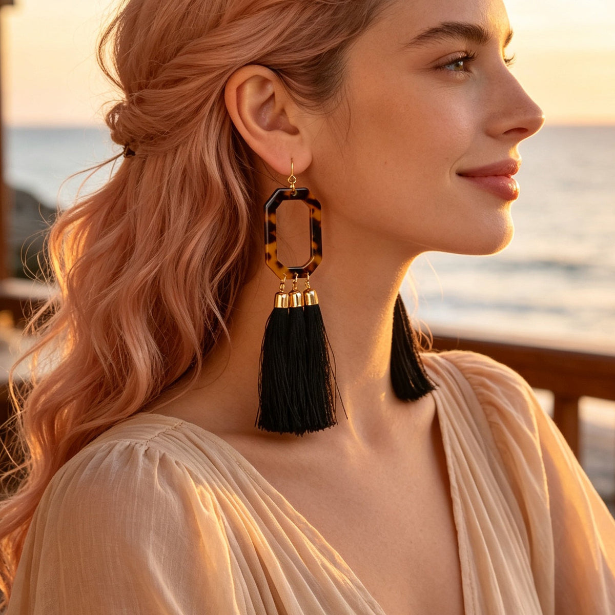 Acrylic Geometric Black Long Tassel Dangle Earrings Bohemian Jewelry for Beach Vacation Holiday-0