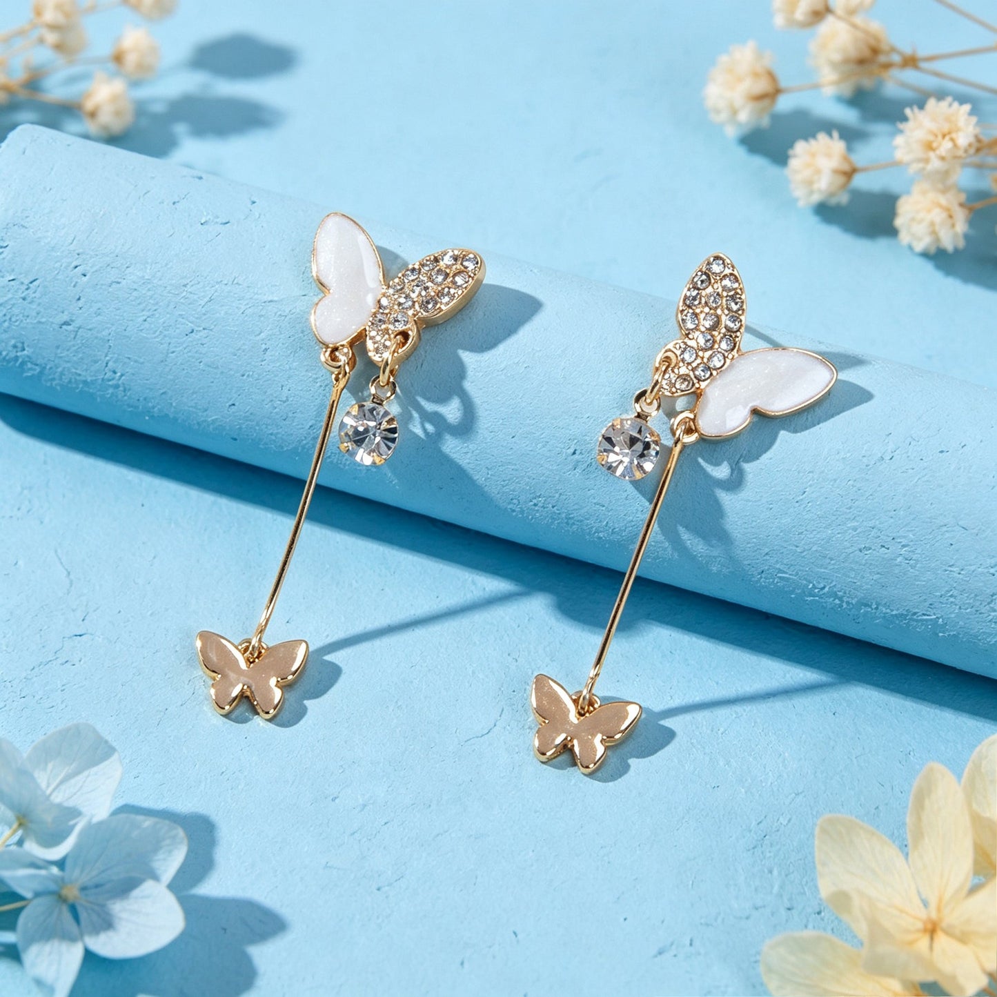 Gold Shiny Double Butterfly Long Dangle Earrings Exquisite Evening Party Jewelry-2
