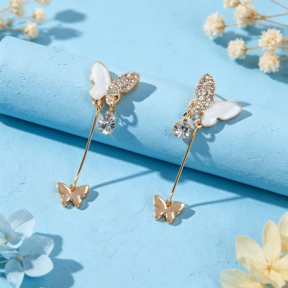 Gold Shiny Double Butterfly Long Dangle Earrings Exquisite Evening Party Jewelry-2