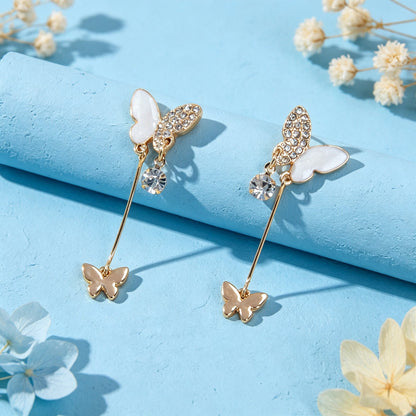 Gold Shiny Double Butterfly Long Dangle Earrings Exquisite Evening Party Jewelry-2