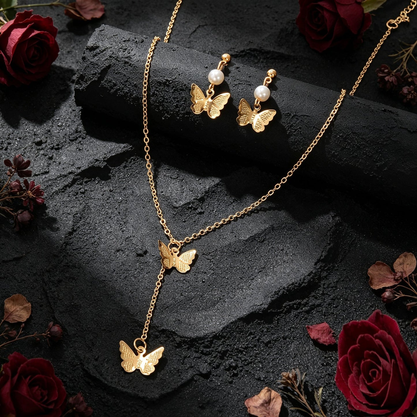 Gold Butterfly Set Y Drop Necklace Pearl Dangle Earrings Wedding Party Accessory-2