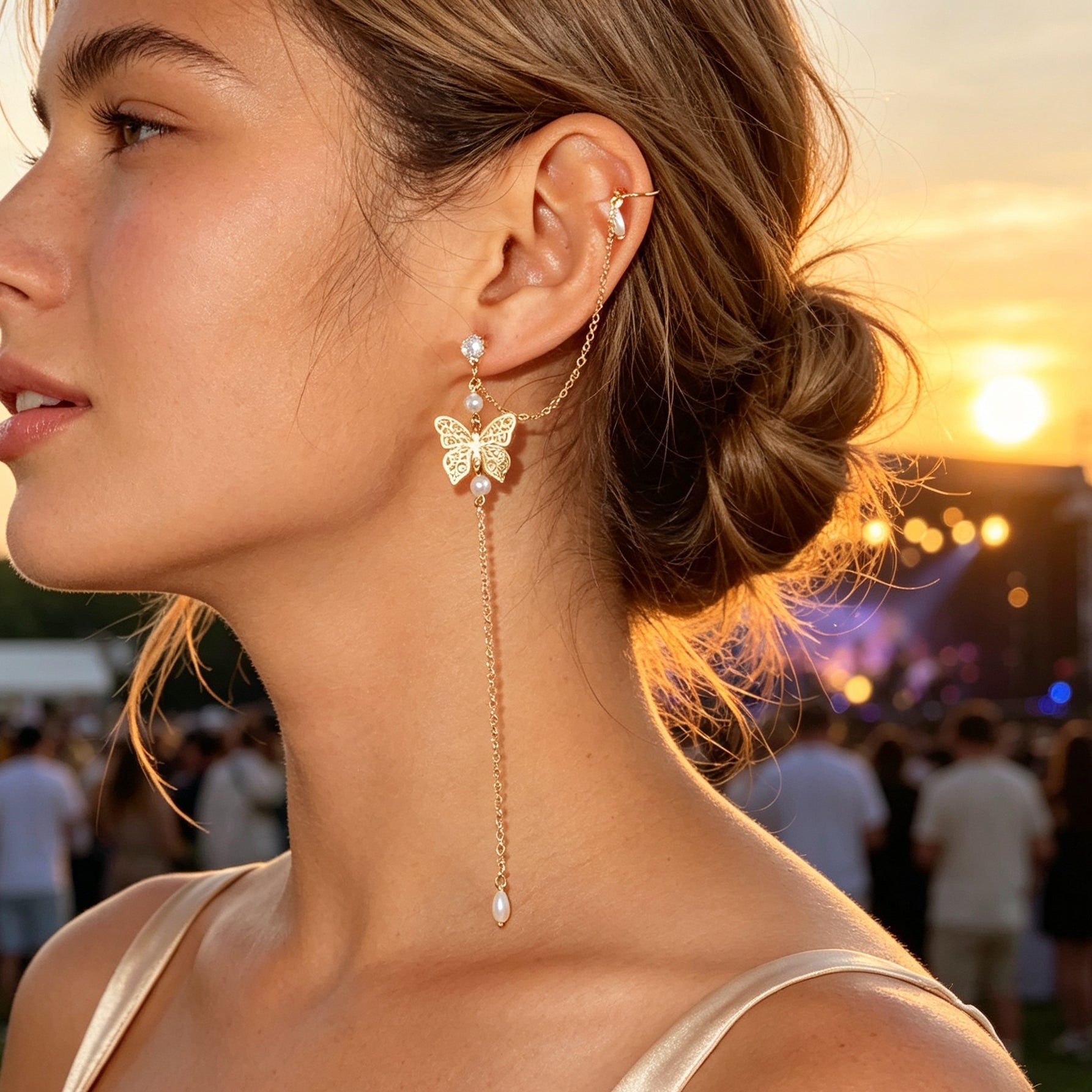 1 pc Butterfly Long Fringe Chain Ear Cuff Climber Earring Imitation Pearl Decor Elegant Prom Party Jewelry-0