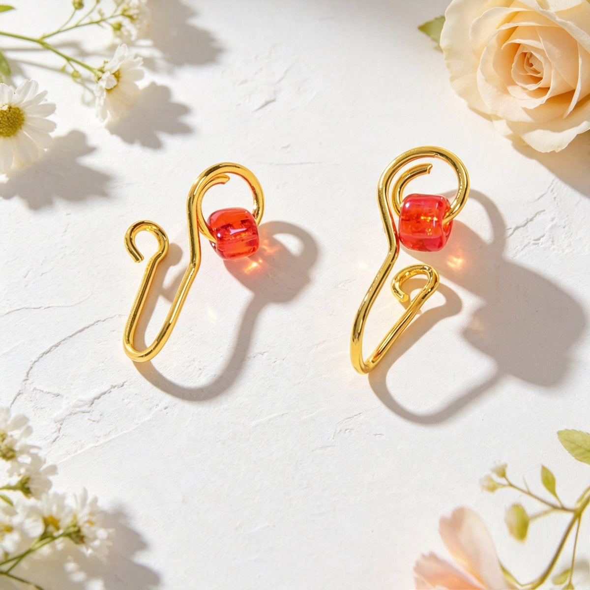 2pcs Summer Beach Vacation Red Bead Ear Cuffs No Piercing Gold Minimal Ear Clips-2