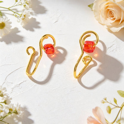 2pcs Summer Beach Vacation Red Bead Ear Cuffs No Piercing Gold Minimal Ear Clips-2