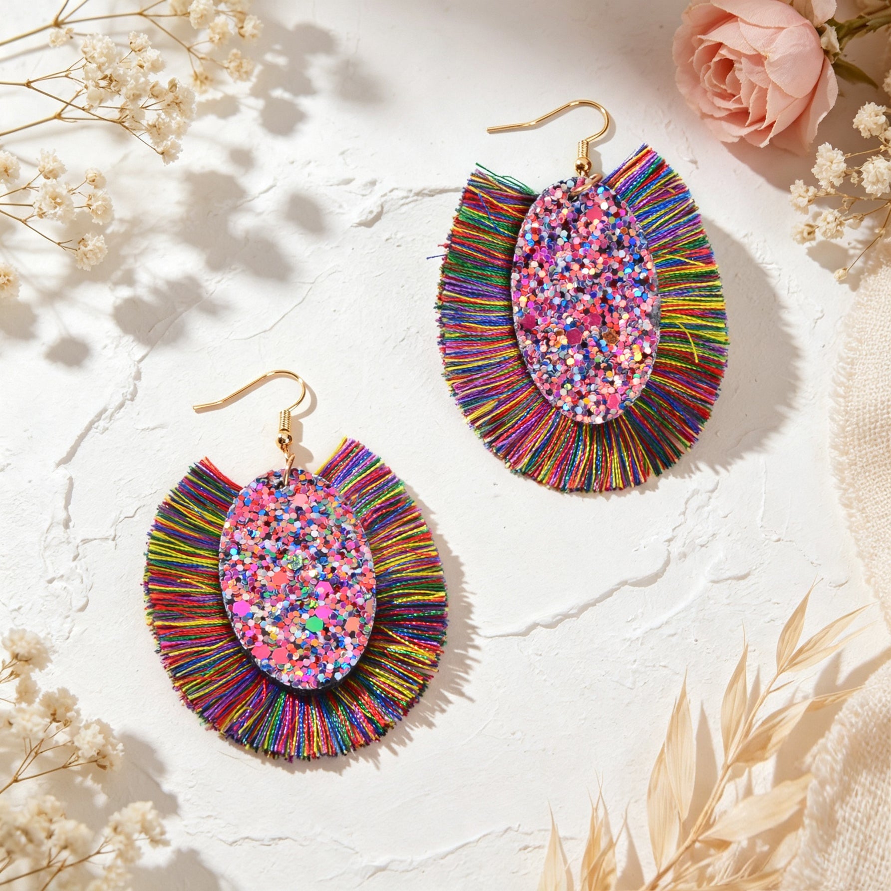 Boho Colorful Tassel Sequin Oval Dangle Earrings Chunky Summer Beach Vacation Statement Jewelry-3